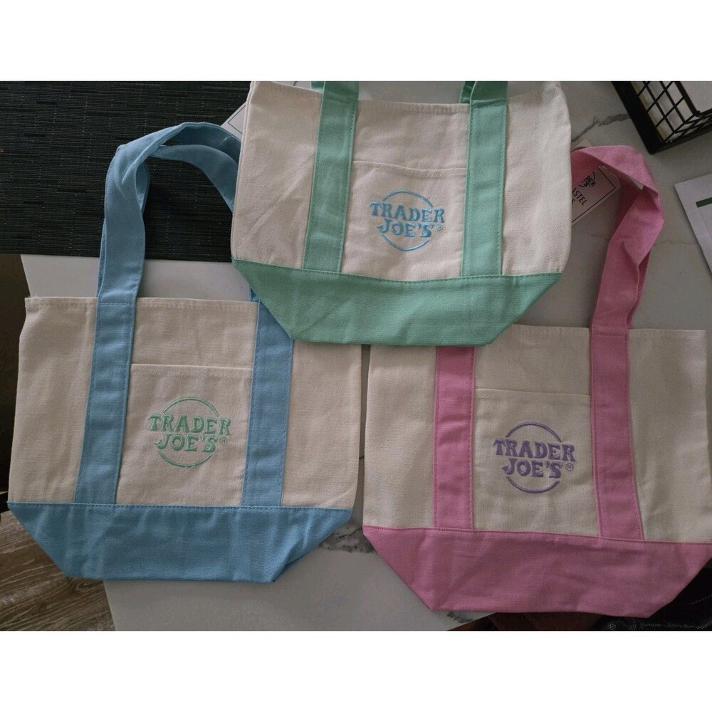NWT Trader Joe's Mini Pastel Canvas Tote Bags Set of 3 Foldable Multicolor Small